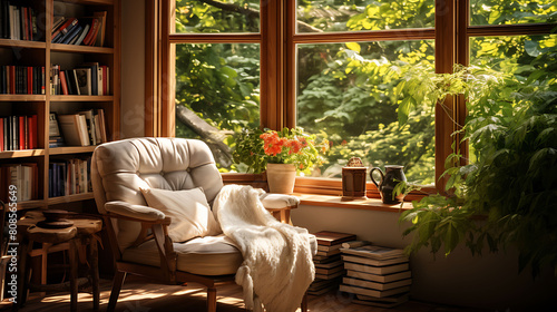 A sunlit reading nook by a large window.