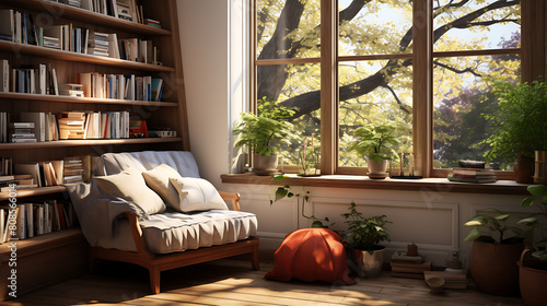 A sunlit reading nook by a large window.