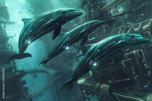 Cybernetic dolphins leap around the hydropowered turbines, their movements syncing perfectly with the oceans rhythms