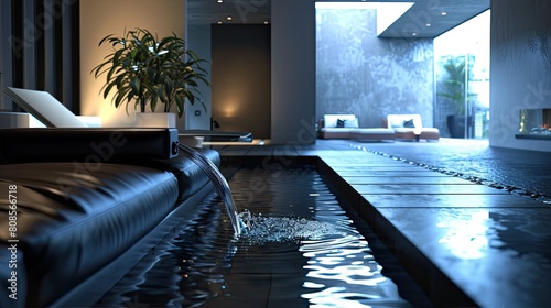 A living room with a single, modernist water feature and a low-profile, soft leather couch