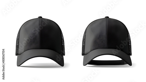 Front and back view of a black baseball cap or trucker cap mockup isolated on white background 