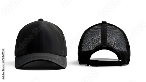 Front and back view of a black baseball cap or trucker cap mockup isolated on white background 