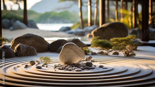 A zen garden with raked sand and smooth stones.