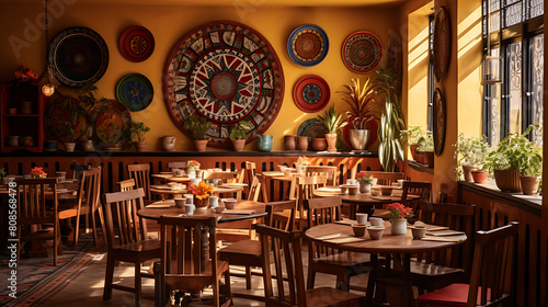 An Ethiopian restaurant, where guests eat communal dishes of injera and spicy stews using their hands, in a room adorned with traditional art and textiles.