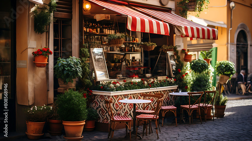 An Italian gelateria on a quaint cobblestone street, with a display of colorful, artisanal gelato and customers enjoying cones under a striped awning.