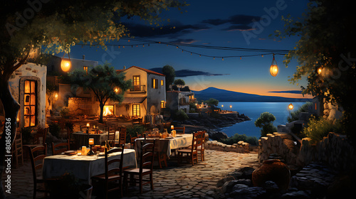 An outdoor Greek taverna on a warm evening, serving plates of grilled octopus, feta, and olives to guests enjoying the Mediterranean breeze.