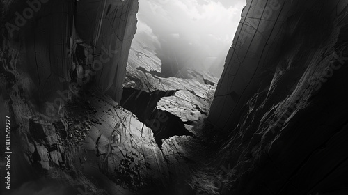 a cave in the mountains view of the earth view from inside a crevasse like in oil paint crack, slim passage between walls but see sky, digital painting, artstation, concept art, sharp focus, cinematic