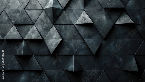 A black wall with dark gray triangular shapes, all made of concrete and metal, creating an abstract background with geometric patterns. Created with AI