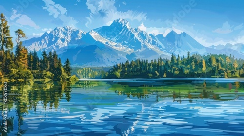 Art image of high mountains Beautiful river, natural view
