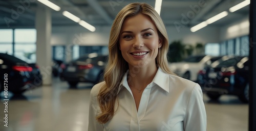 Detailed 4K shot Professional luxury car saleswoman in showroom, symbolizing excellence in auto dealership. Smiling woman highlights premium cars, embodying expertise in luxury automotive.
