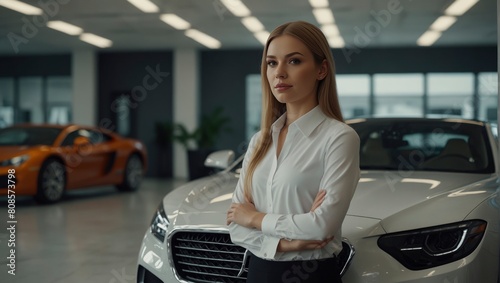 High-detail 4K image Professional luxury car saleswoman in showroom, showcasing expertise in auto dealership. Expensive cars highlighted, symbolizing automotive luxury