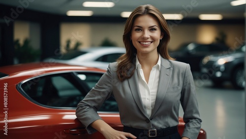 High-detail Smiling luxury car saleswoman in showroom, presenting premium cars.