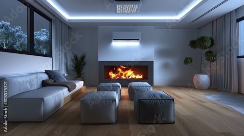 A minimalist living room with a digital fireplace, a ceiling-mounted air purifier, and a set of cube ottomans