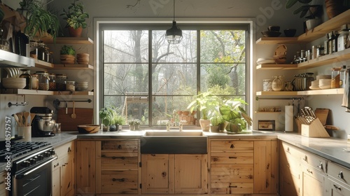 A small rustic modern farmhouse kitchen with light wood cabinets, white walls and dark concrete floor, window over the sink looking out to nature. Generative AI.