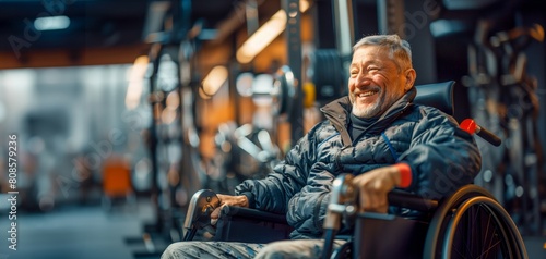 Smiling paralyzed senior man in a wheelchair doing a workout at the gym, with copy space