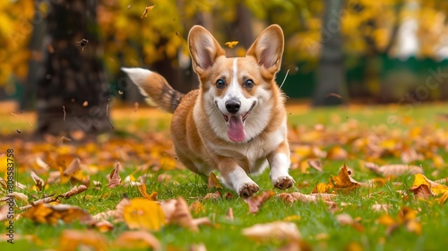 A fluffy corgi with ears flopping joyfully, dashing across a vibrant green lawn strewn with fallen leaves, tail wagging in excitement 