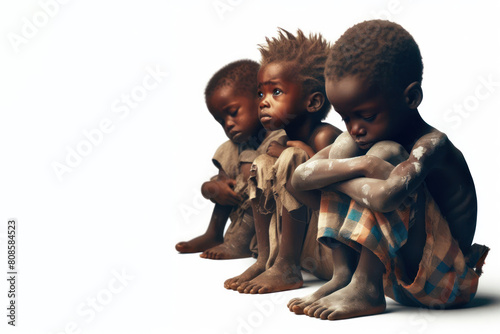 Poor hungry African children on white background