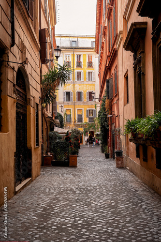 Quaint cobblestone street in historic Rome, Italy