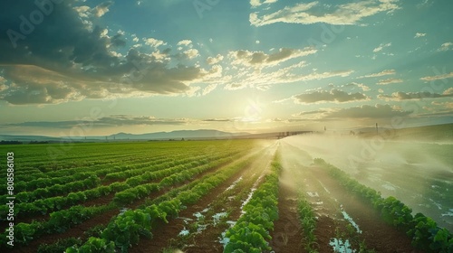 Modern irrigation system watering rows of crops on a farm during sunrise.