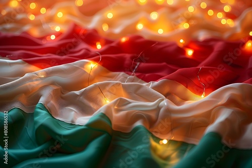 Bandera tricolor verde, blanco y rojo con luces amarillas. Festejo de las fiestas patrias de Mexico