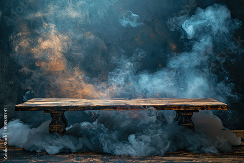 Wooden table on dark blue background with smoke, smoke plumes, wooden bench. Created with Ai