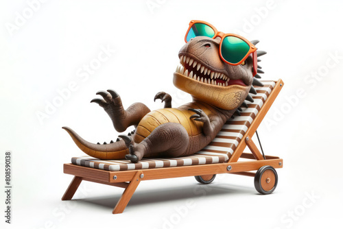 Dinosaur with sunglasses sunbathing on sun lounger isolated on white background