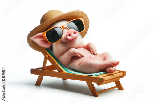pig with sunglasses sunbathing on sun lounger isolated on white background