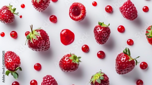 Strawberry jam spilled on a white background along with fresh strawberries.