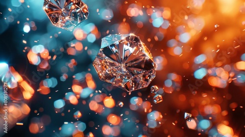 Blue and orange abstract background with diamonds floating around.
