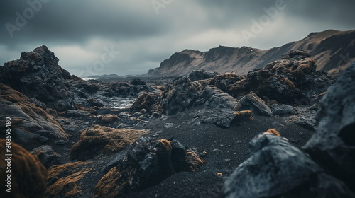 Volcanic rocks strewn across a vast landscape with mountains under a dramatic, cloudy sky