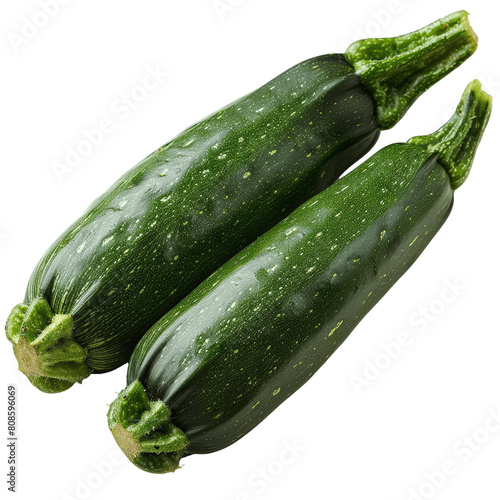 Two fresh green zucchinis on a green background.