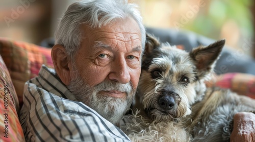 Pets and Companionship: A senior enjoying the company of a beloved pet, whether it's a dog, cat, or other furry friend, highlighting the positive impact of animal companionship.