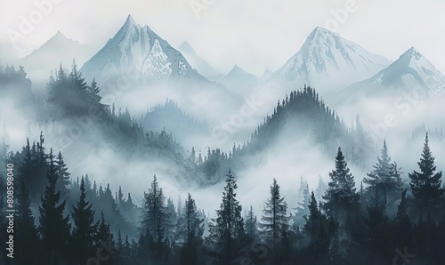 Misty forest in mountainous area
