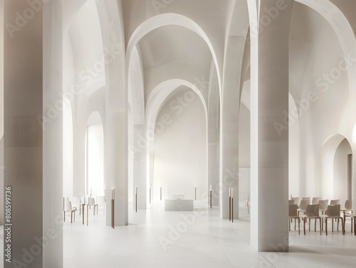 Cathedral nave with white marble columns minimalist arches enhancing the journey