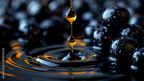 A drop of oil falls on a plate, surrounded by black olives. Liquid gold.