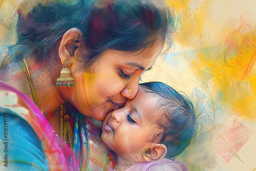south indian young woman playing and kissing her baby