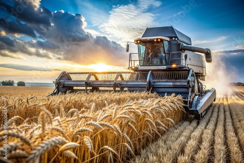 Agricultural industry and machinery.. A combine harvester removes golden ears of ripe wheat against the background of a ripening field. The concept of planting and harvesting a rich harvest.