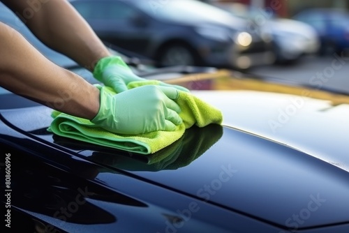 A man's hand wipes the shiny surface of a car with a rag. Car wash service