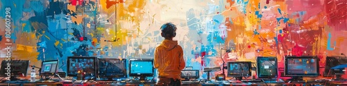 A young man wearing headphones stands in front of a large colorful mural