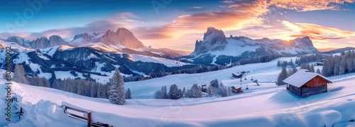 Alpe di Siusi Awakening: Panoramic Morning Vista of a Majestic Winter Sunrise in the Dolomite Alps