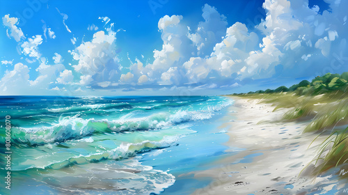 A realistic painting showcasing a beach scene with waves rolling in gently towards the shore under blue sky.