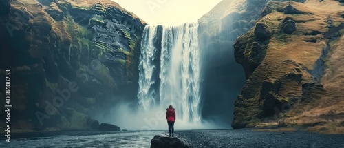 Serenity's Edge: A Woman's Reverie Overlooking Skogafoss Waterfall, Iceland