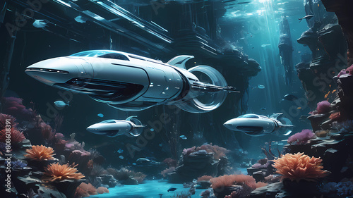 Imaginer un univers futuriste aquatique et graphique en t'inspirant du surréalisme, avec un plongeur futuriste.