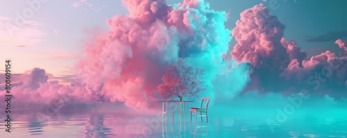surreal island with armchair sofà landscape, clouds floating , neon pink and blue pastel colors mood design 