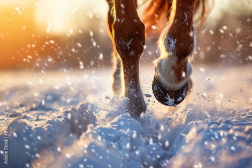 A brown horses hooves pounding through the snow as it gallops