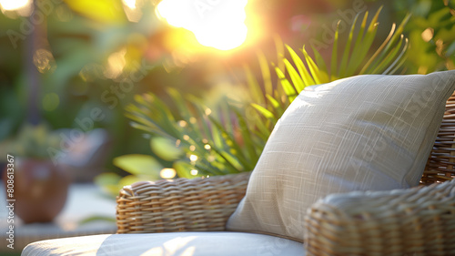 Sunset Retreat: A plush pillow awaits on a rattan chair on a balcony, beckoning you to unwind and savor the serenity of a fading sunset.