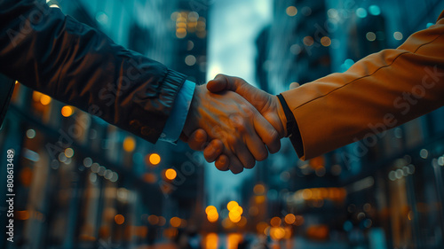 A symbolic gesture of trust and partnership as two businessmen shake hands amidst a backdrop of towering skyscrapers.