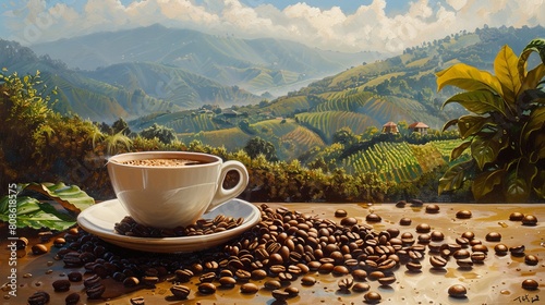 Create a visual art piece depicting a coffee cup surrounded by coffee beans, with a scenic view of a lush coffee plantation stretching across the mountain landscape in the background. 