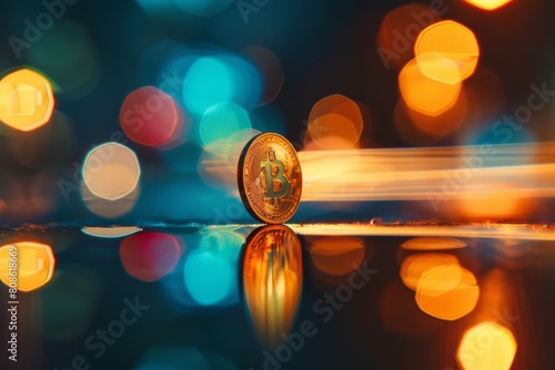 A closeup of a single Bit Coin standing vertically on a table, reflecting its design on the surface with a blurred background