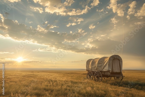 A covered wagon stands in the middle of a vast field against a backdrop of a golden prairie landscape